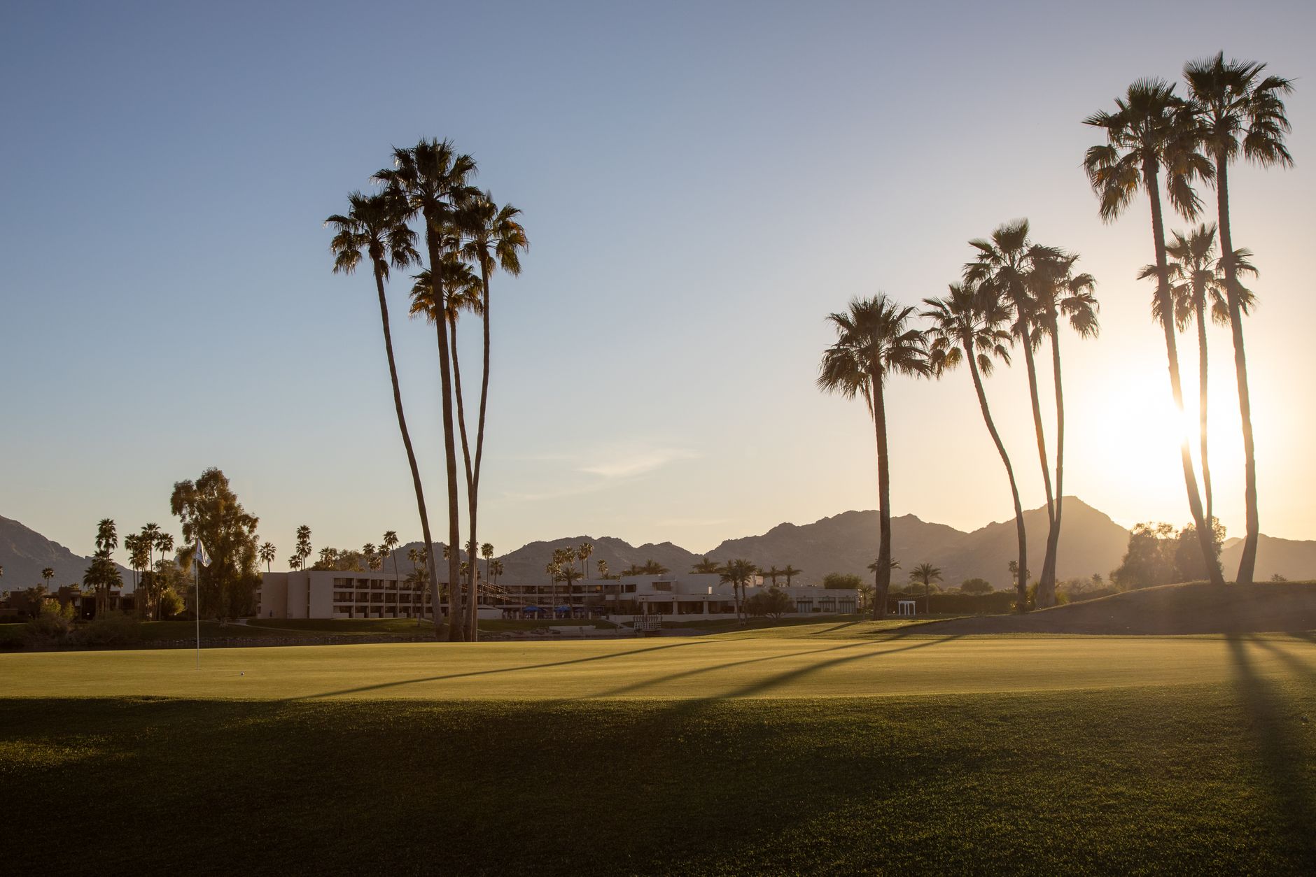 Palm trees and mountains at sunset over a Scottsdale, Arizona golf course