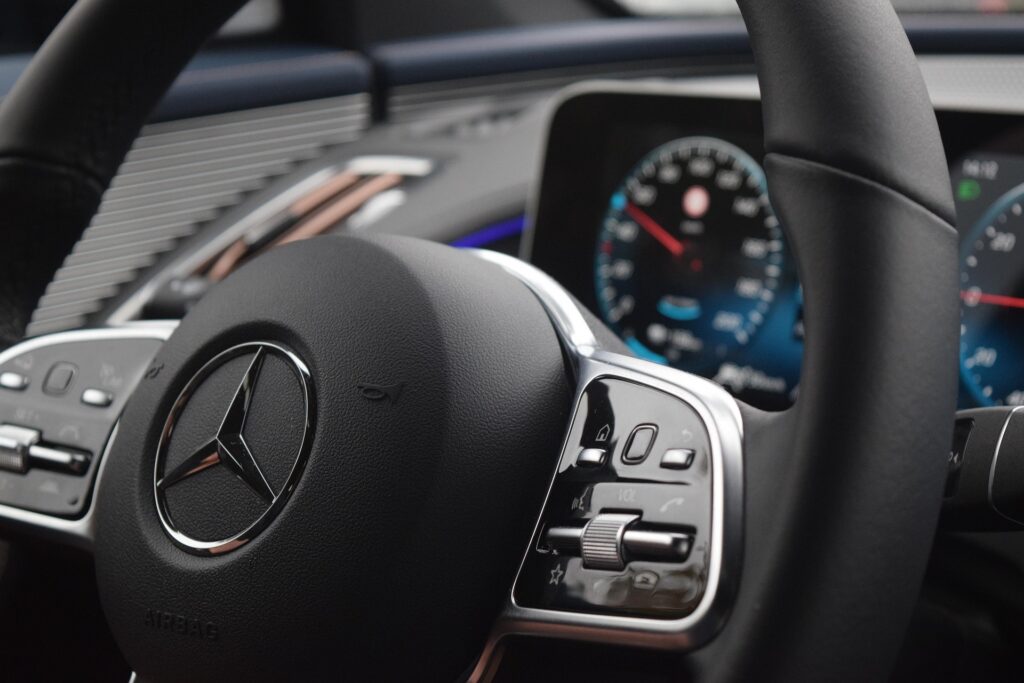 Mercedes-Benz S-Class steering wheel representing luxury vehicle transmission diagnostics at Shift Masters Transmissions Phoenix Arizona