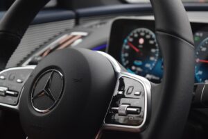 Mercedes-Benz S-Class steering wheel representing luxury vehicle transmission diagnostics at Shift Masters Transmissions Phoenix Arizona