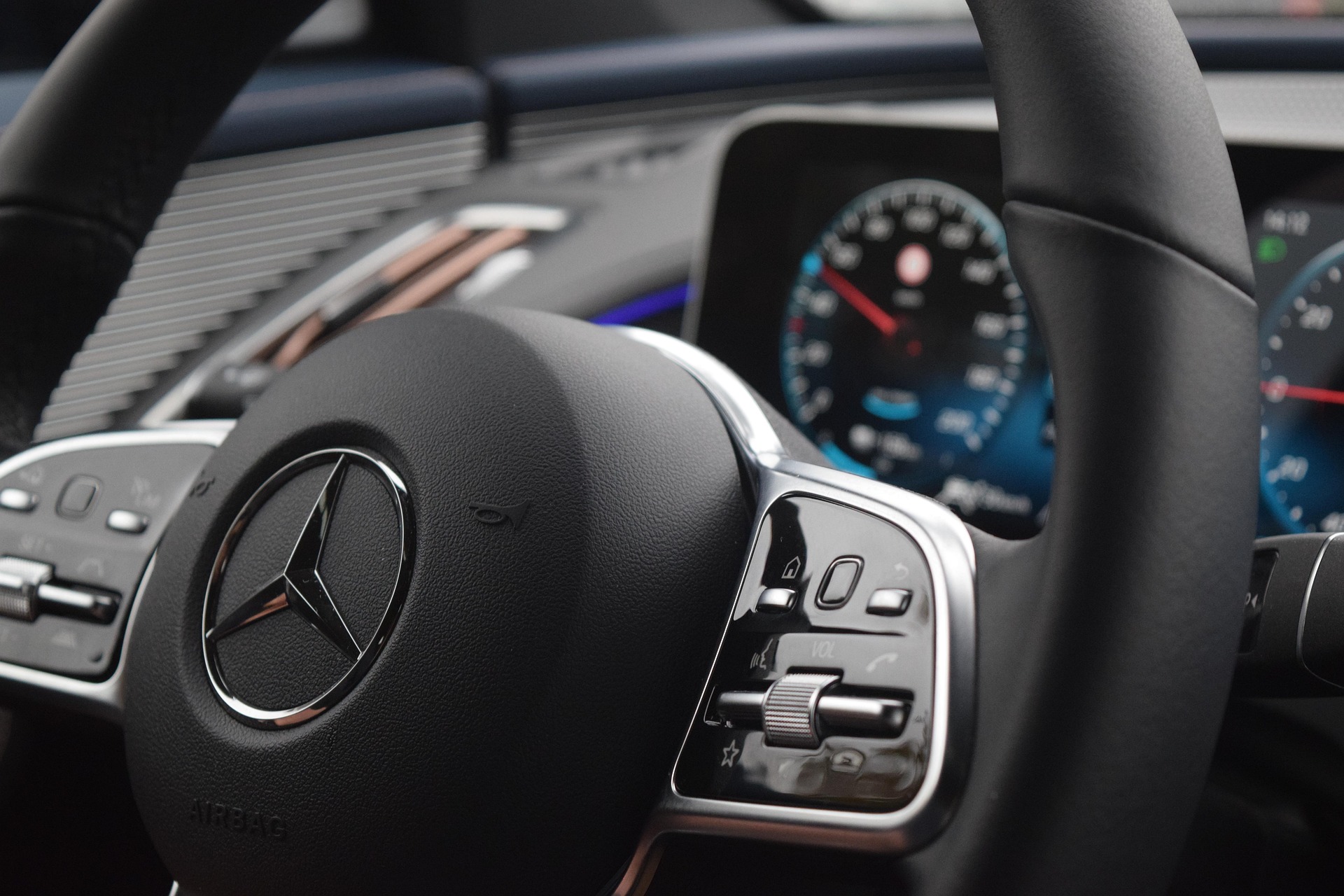 Mercedes-Benz S-Class steering wheel representing luxury vehicle transmission diagnostics at Shift Masters Transmissions Phoenix Arizona