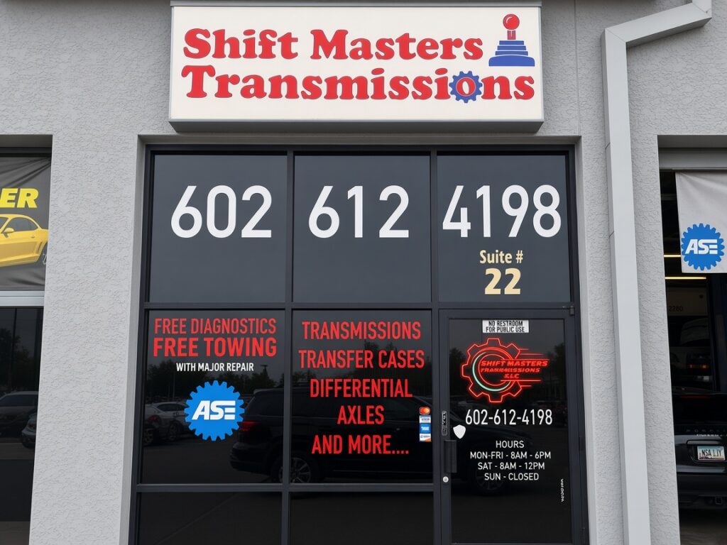 Shift Masters Transmissions shop front in Phoenix AZ showing ASE-certified transmission, transfer case, differential and axle repair services with free diagnostics and towing